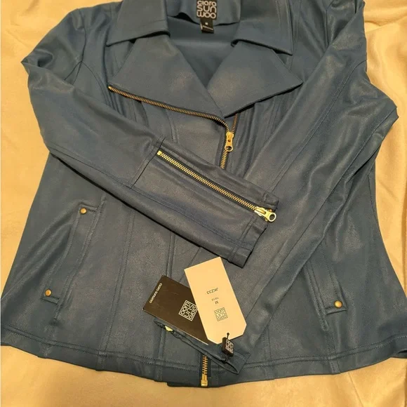 NWT Clara Sunwoo liquid leather single zip jacket size S blue-green color - Picture 6 of 8